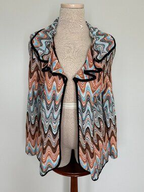 Exclusively Misook Women's Chevron Zigzag Ruffle Trim Cardigan Size Medium
